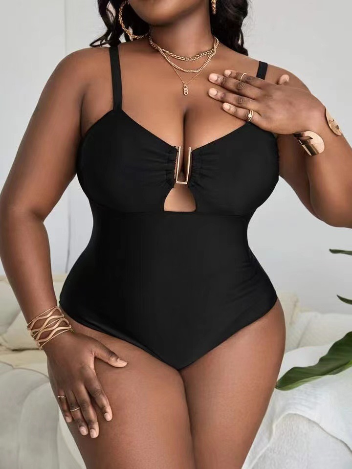 Solid Color Deep V Sexy Hollow Plus Size One-piece Swimsuit